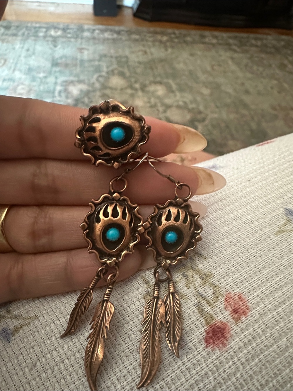 Turquoise Copper Feather Drop Earrings and Ring Set
